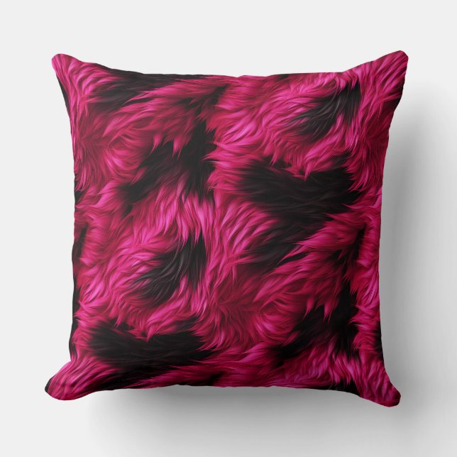 Fun Pink and Black faux monster fur texture Throw Pillow (Front)