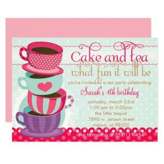 Fun Pink and Blue Cute Cups Tea Birthday Party Invitation