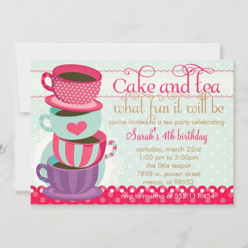 Fun Pink and Blue Cute Cups Tea Birthday Party Personalized Invitations
