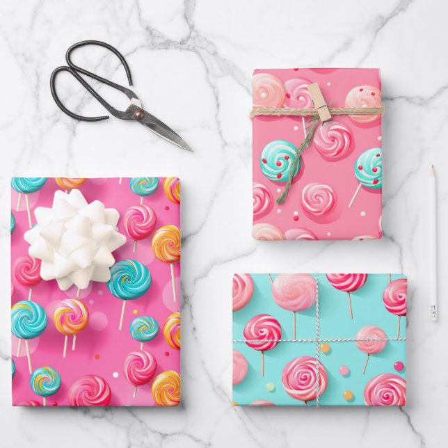 Fun Pink and Blue Lollipops Candy Lane  Wrapping Paper Sheets (Front)