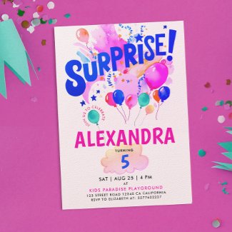 Fun Pink And Blue Surprise Baloon Kids Watercolor