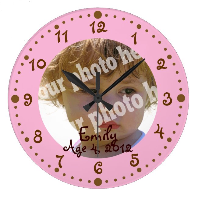 Fun Pink and Brown Add Your Photo Clock w Minutes