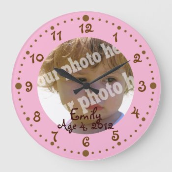 Fun Pink And Brown Add Your Photo Clock W Minutes by alinaspencil at Zazzle