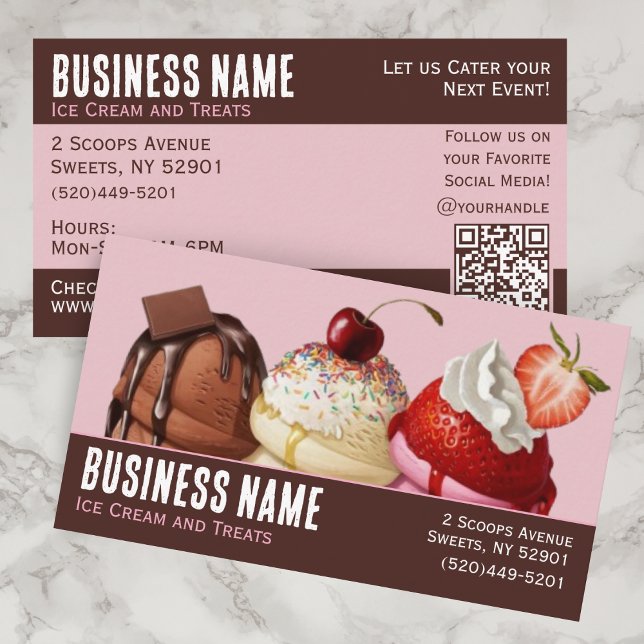 Fun Pink and Brown QR Code  Ice Cream Business Card (Ice Cream business cards with Chocolate, Vanilla, and Strawberry Ice Cream with QR Code)