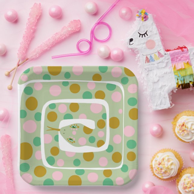 Fun Pink and Green Abstract Polka Dotted Snake Paper Plates (Party)