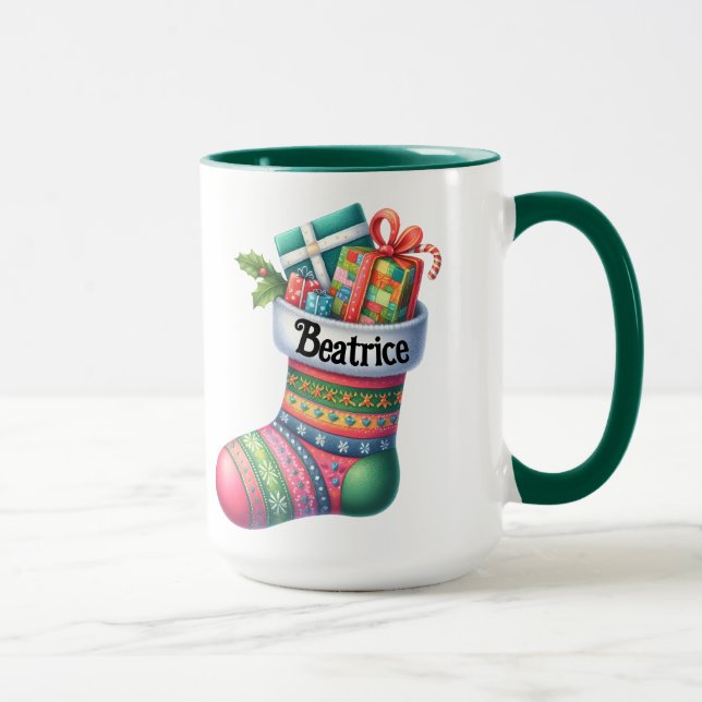 Fun Pink and Green Christmas Stocking Customizable Mug (Right)