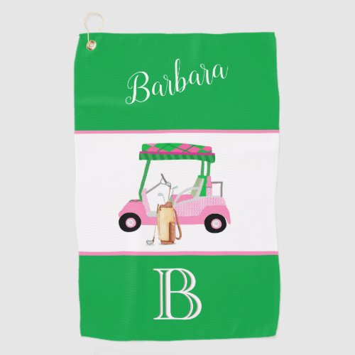 Fun Pink and Green Golf Cart Monogram Name  Golf Towel