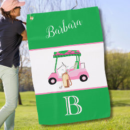 Fun Pink and Green Golf Cart Monogram Name Towel