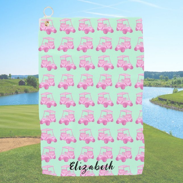 Fun pink and green golf cart personalized name towel (Creator Uploaded)