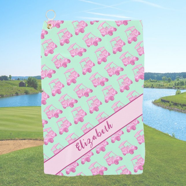 Fun pink and green golf cart personalized name towel (Creator Uploaded)
