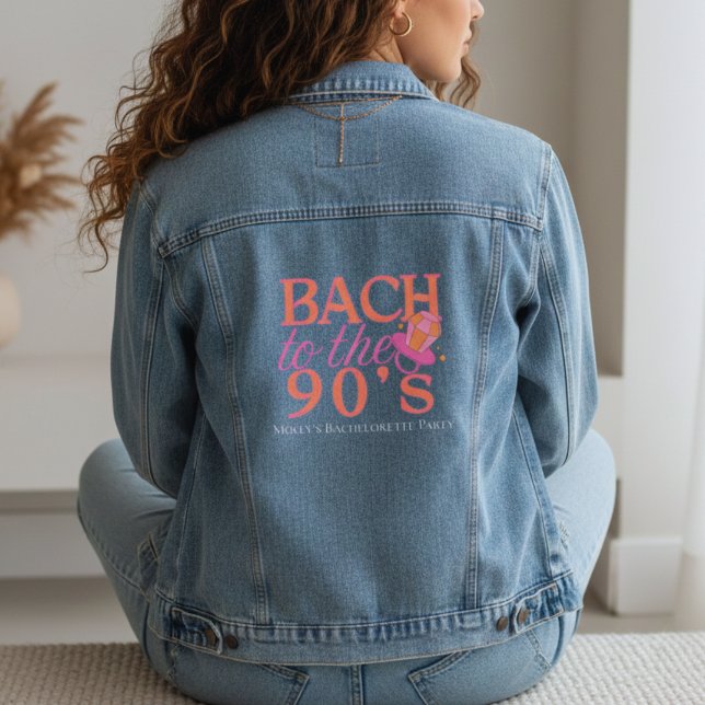 Fun Pink and Orange 90s Retro Bachelorette Denim Jacket (90s Retro Bachelorette Denim Jacket)