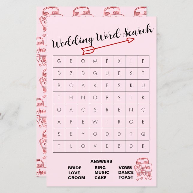 Fun Pink and Red Wedding Word Search Game   (Front/Back)
