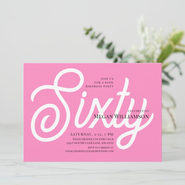 Fun Pink and White Calligraphy 60th Birthday Invitation (Standing Front)