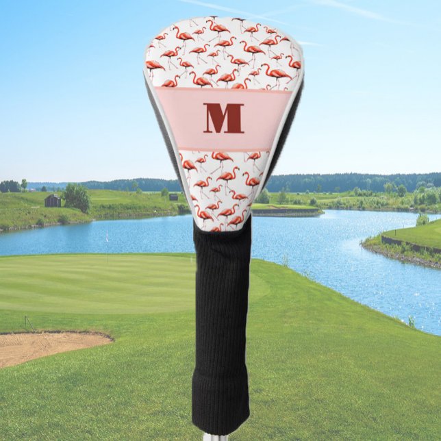 Fun pink and white custom monogram ladies flamingo golf head cover (Creator Uploaded)