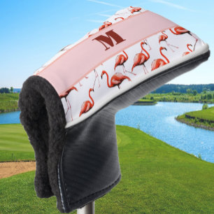Fun pink and white custom monogram ladies flamingo golf head cover