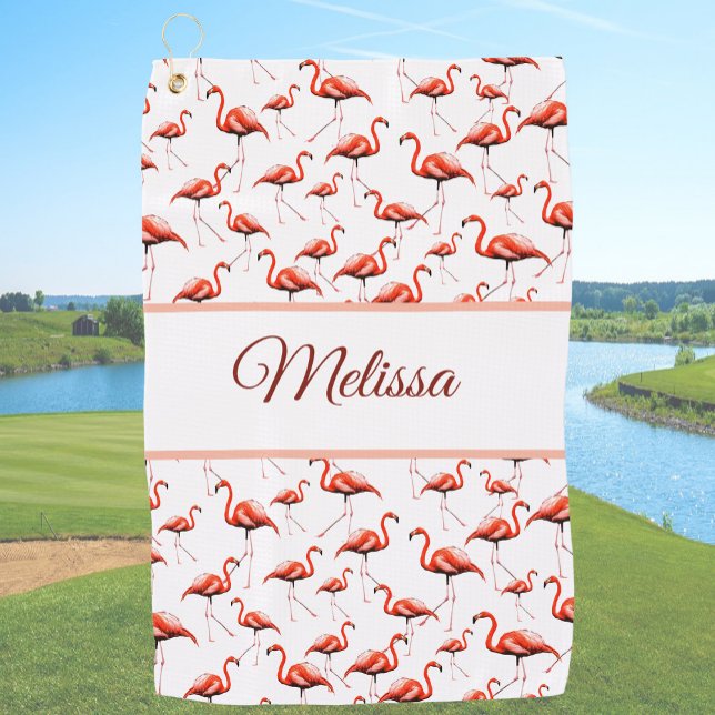 Fun pink and white custom monogram ladies flamingo golf towel (Creator Uploaded)