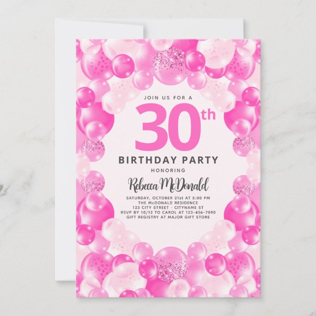 Fun Pink Balloons Faux Glitter 30th Birthday Party Invitation (Front)