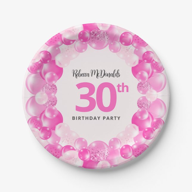 Fun Pink Balloons Faux Glitter 30th Birthday Party Paper Plates (Front)
