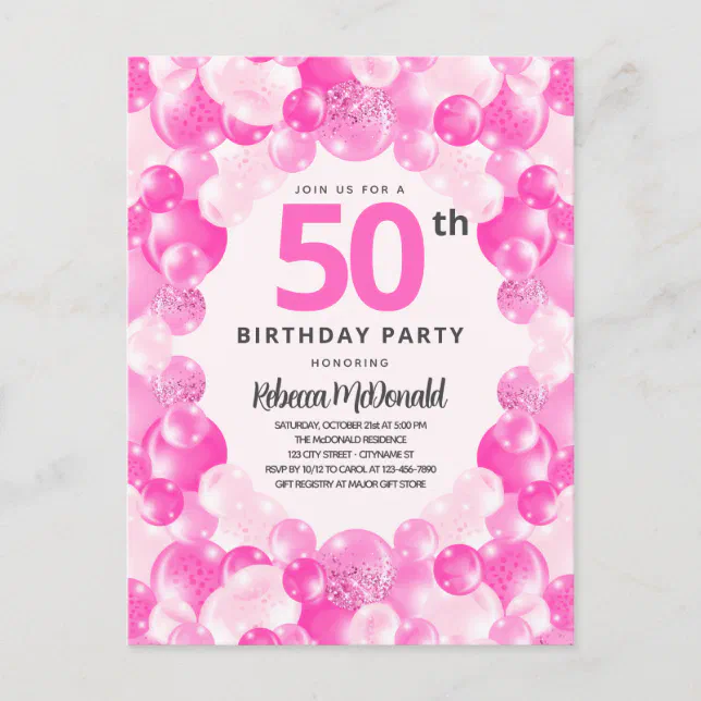 Fun Pink Balloons Faux Glitter 50th Birthday Party Invitation Postcard Zazzle