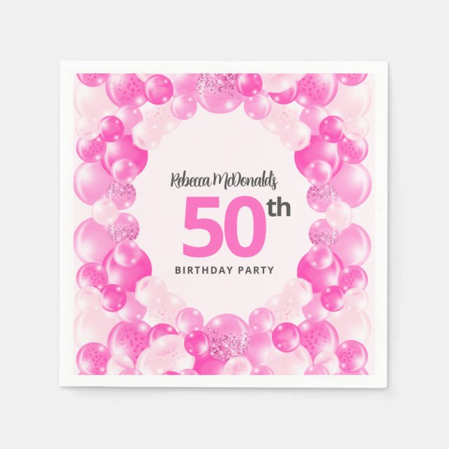 Fun Pink Balloons Faux Glitter 50th Birthday Party Napkins (Front)