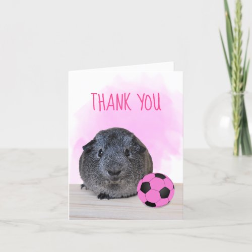 Fun Pink Black Soccer Ball Guinea Pig Custom Thank You Card
