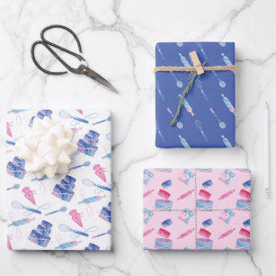 Fun Pink Blue Baking Utensils & Marble Glaze Cake Wrapping Paper Sheets