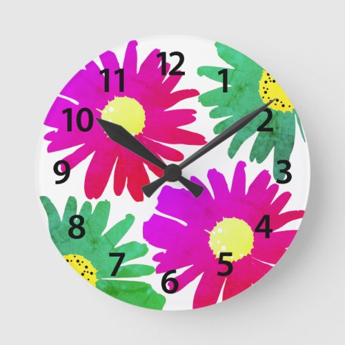 Fun Pink Blue Daisy Floral Watercolor Wall Round Clock