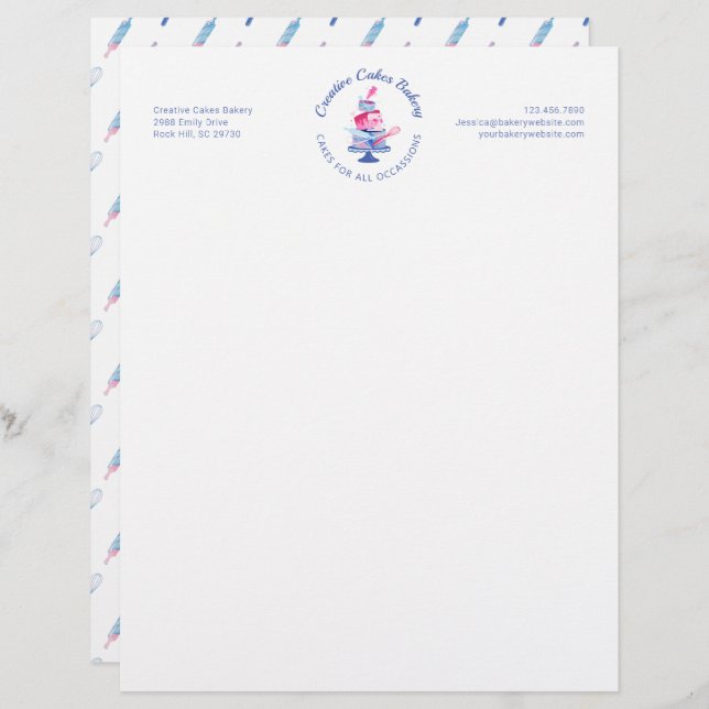 Fun Pink & Blue Marble Bakery Cake & Tools Logo Letterhead (Front/Back)