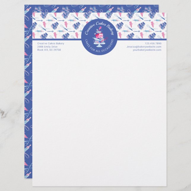 Fun Pink & Blue Marble Bakery Cake & Tools Logo Letterhead (Front/Back)