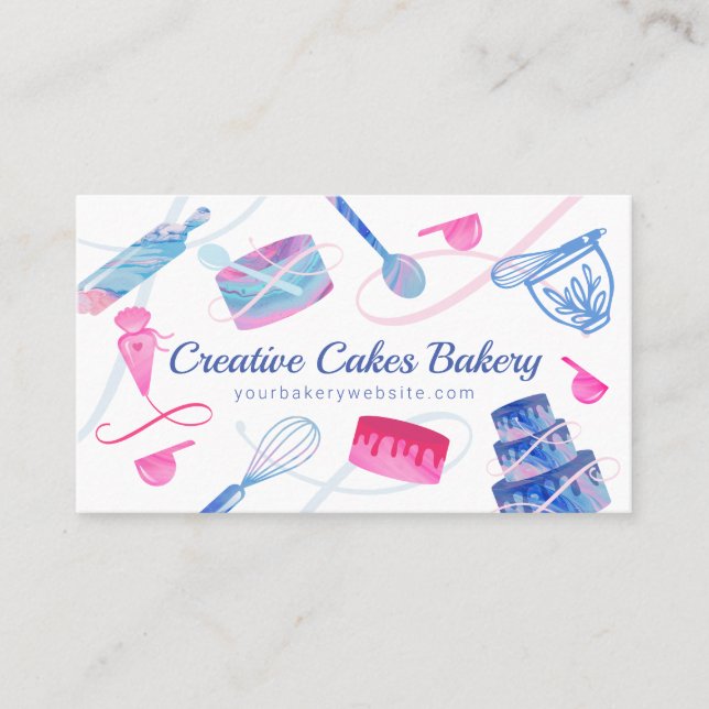 Fun Pink Blue Marble Bakery Cakes Tools & Utensils Business Card (Front)