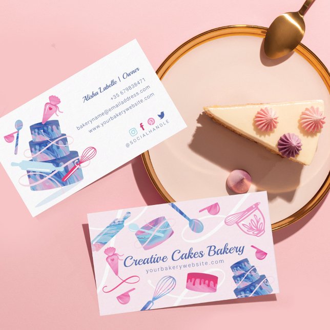 Fun Pink Blue Marble Bakery Cakes Tools & Utensils Business Card (Creator Uploaded)