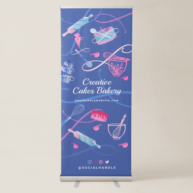Fun Pink Blue Marble Bakery Cakes Tools & Utensils Retractable Banner (Front)
