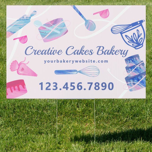 Fun Pink Blue Marble Bakery Cakes Tools & Utensils Sign (Insitu)