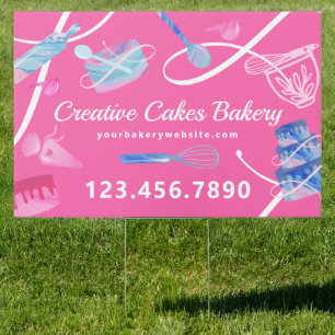 Fun Pink Blue Marble Bakery Cakes Tools & Utensils Sign