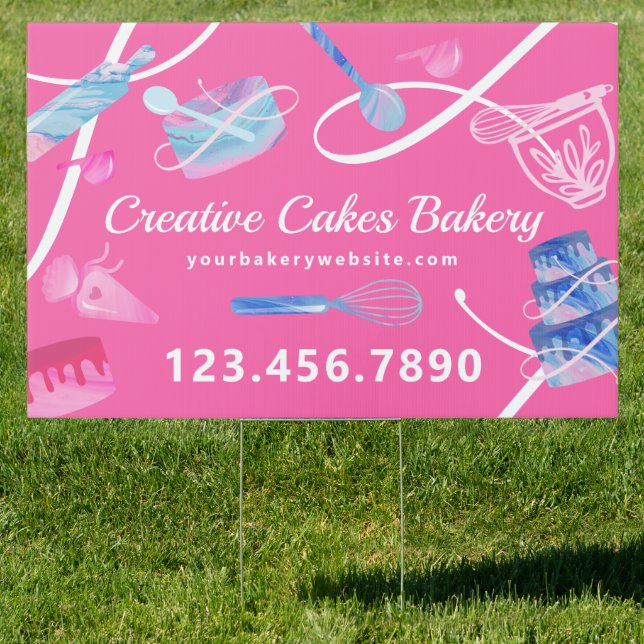 Fun Pink Blue Marble Bakery Cakes Tools & Utensils Sign (Insitu)