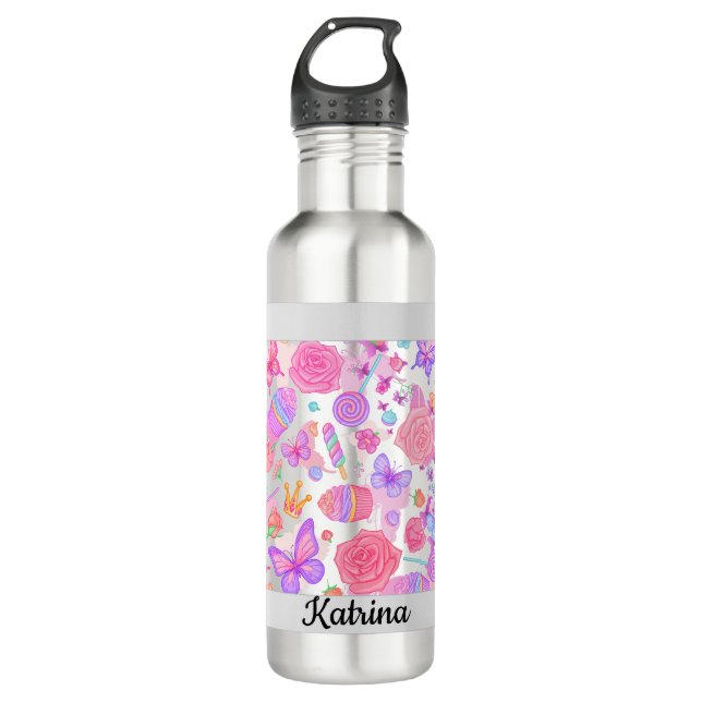 Fun Pink Butterfly, Cupcake, Candy Pattern Stainless Steel Water Bottle (Front)