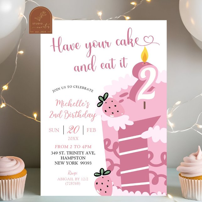 Fun Pink Cake 2nd Birthday Invitation (Creator Uploaded)