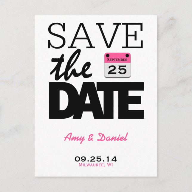 Fun Pink Calendar | Save The Date Postcard (Front)