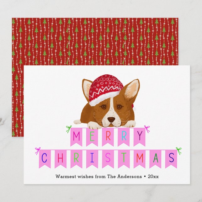Fun Pink Christmas Bunting Banner Red Hat Corgi   Holiday Card (Front/Back)