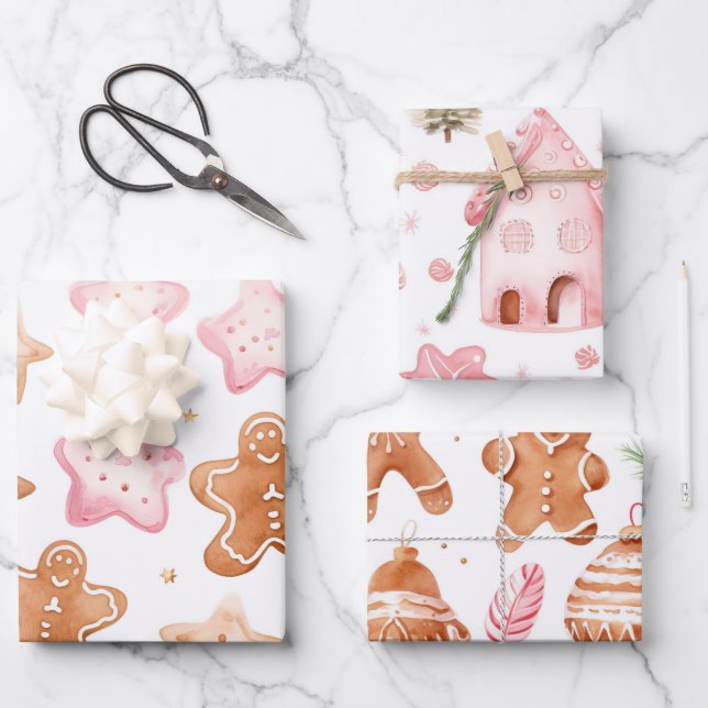 Fun Pink Christmas Sweet Treats Wrapping Paper Sheets (Front)
