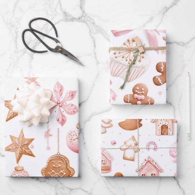 Fun Pink Christmas Sweet Treats Wrapping Paper Sheets (Front)