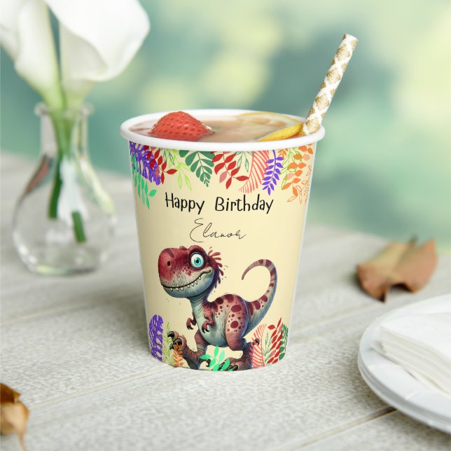 Fun Pink Dinosaur Childs Birthday Paper Cups (Insitu)