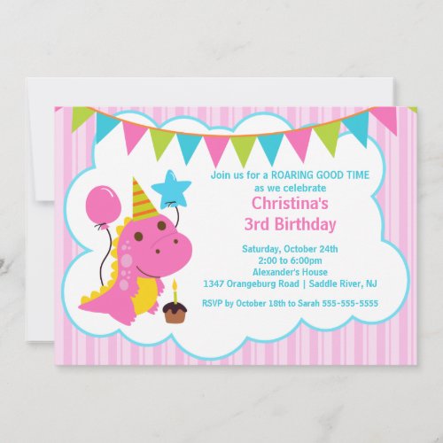 Fun Pink Dinosaurs Birthday Party Invitation