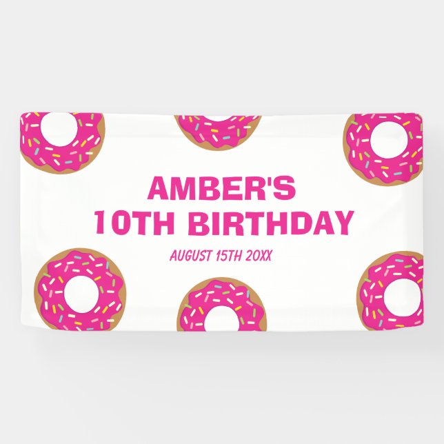 Fun pink donut Birthday party theme welcome banner (Horizontal)