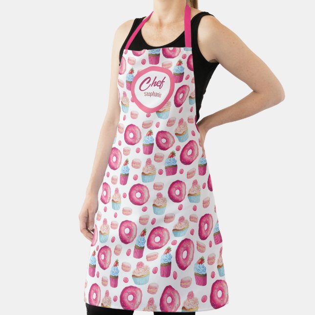 Fun Pink Donuts Pattern, Personalized Apron (Insitu)