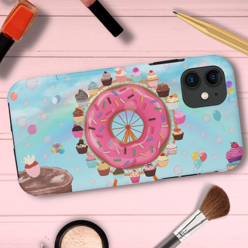 Fun Pink Doughnut Ferris Wheel and Cupcakes iPhone 11 Case
