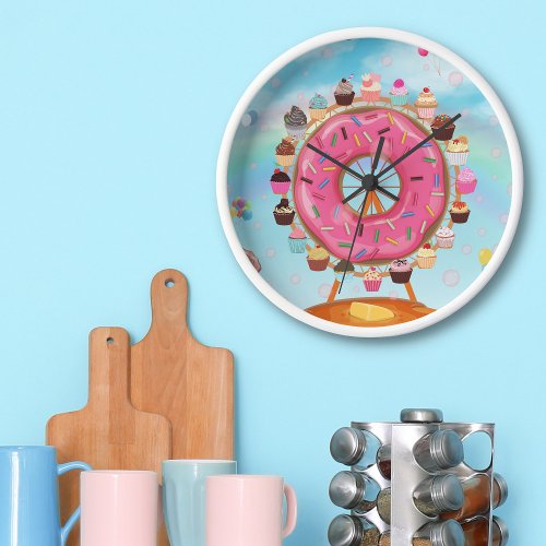 Fun Pink Doughnut Ferris Wheel and Cupcakes Clock