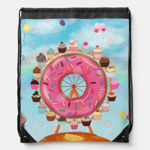 Fun Pink Doughnut Ferris Wheel and Cupcakes Drawstring Bag