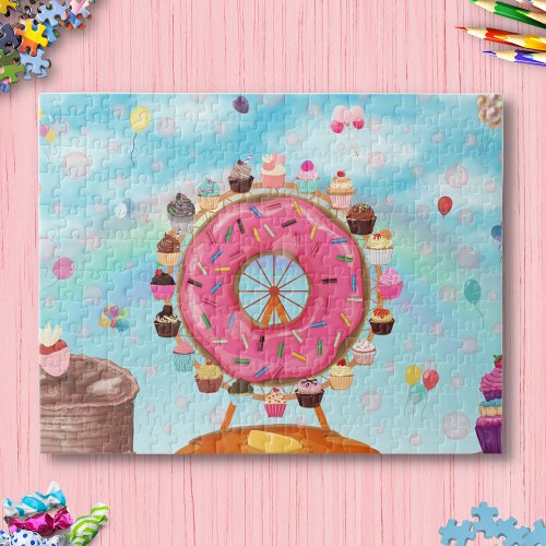 Fun Pink Doughnut Ferris Wheel and Cupcakes Jigsaw Puzzle