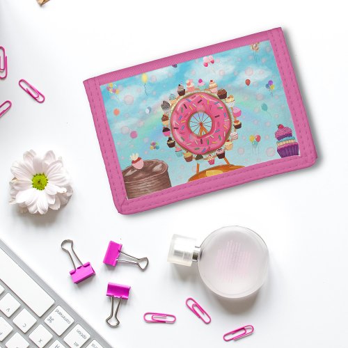 Fun Pink Doughnut Ferris Wheel and Cupcakes Trifold Wallet